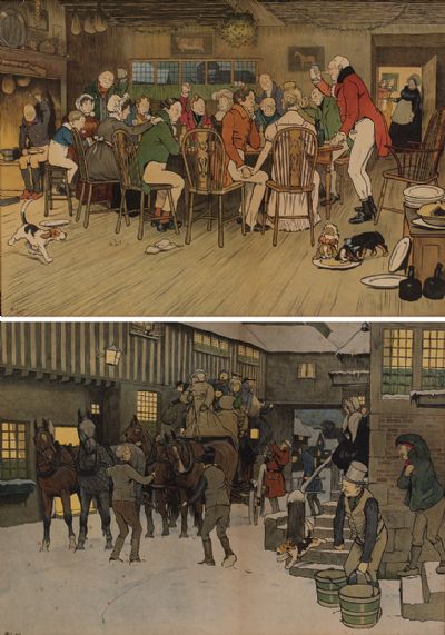 ARRIVING AT THE INN & THE HUNT SUPPER by Cecil Aldin RBA at Dolan's Art Auction House