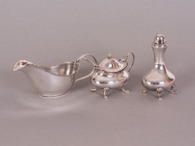 Silver Plated Mustard Pot, Sauce Boat & Pepper Pot at Dolan's Art Auction House