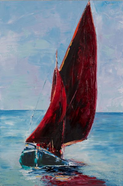 RED SAILS OFF ROUNDSTONE by Susan Cronin  at Dolan's Art Auction House