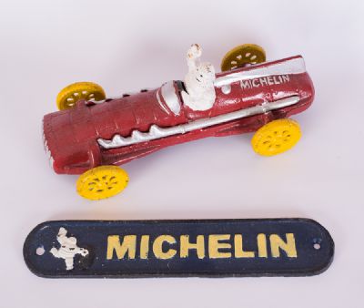 Cast Iron 'Michelin' Car & Sign at Dolan's Art Auction House