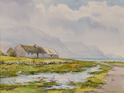 ACHILL COTTAGE & GEESE, KEEL by Robert Egginton  at Dolan's Art Auction House