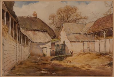 HENS & ROOSTER IN THE OLD FARMYARD by Wycliffe Egginton RI at Dolan's Art Auction House