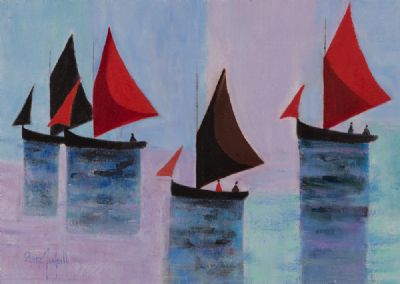 RED ON BLACK, THE GALWAY HOOKERS by Sara McNeill  at Dolan's Art Auction House