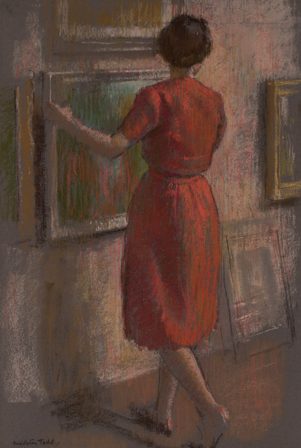THE RED DRESS, PREPARING FOR THE EXHIBITION by Arthur Ralph Middleton Todd RA RE RWS at Dolan's Art Auction House