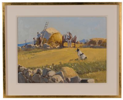 LIFTING HAY, ROUNDSTONE by Cecil Maguire RUA at Dolan's Art Auction House