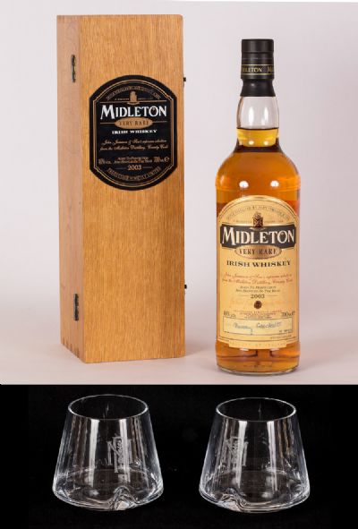 Midleton Very Rare Irish Whiskey 2003 with Two Midleton Glasses at Dolan's Art Auction House