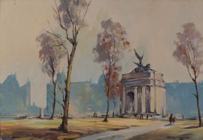 HYDE PARK, LONDON, IN THE 1950's, THE WELLINGTON ARCH by Arthur Twells RUA at Dolan's Art Auction House